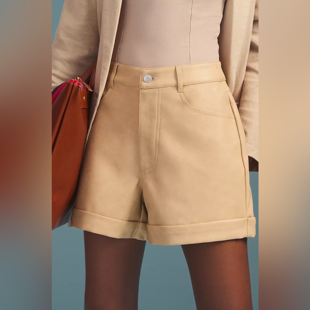 NWOT Avec Les Filles From Anthropologie Tan Cuffed Faux Leather Shorts